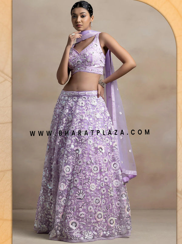 Lavender thread and self rainbow sequins lehenga for teen girls and Indian weddings USA