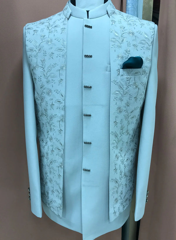 Light sky-embroidered Jacket Jodhpuri for cousins and groomsmen at luxury Dubai weddings