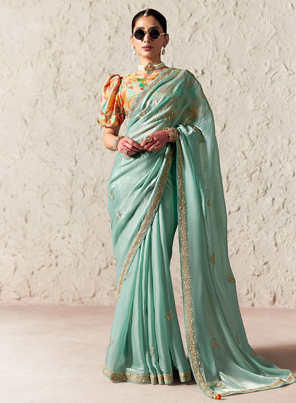 Luxury Mint Blue Organza Saree for Mauritius Wedding Guest