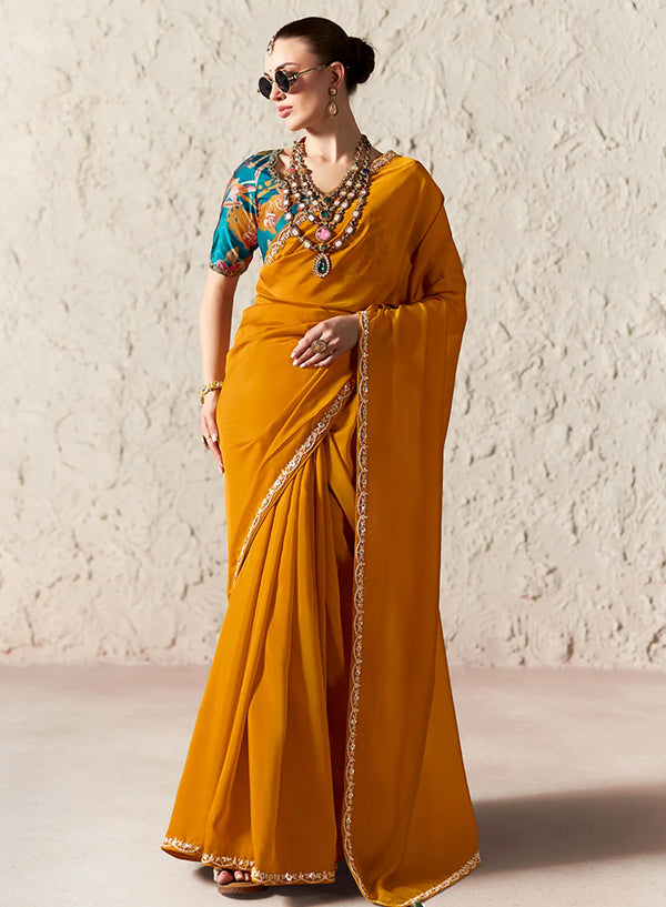 Mustard tissue organza designer saree with digital print for Fiji festive celebrations