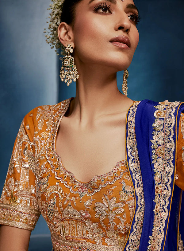 Royal Blue Fancy Fabric Designer Saree featuring a contrasting heavy mustard stitched blouse for festive wear | BharatPlaza