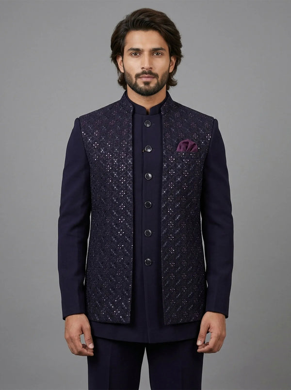 Navy Blue Embroidered Jacket Jodhpuri Suit for Groom