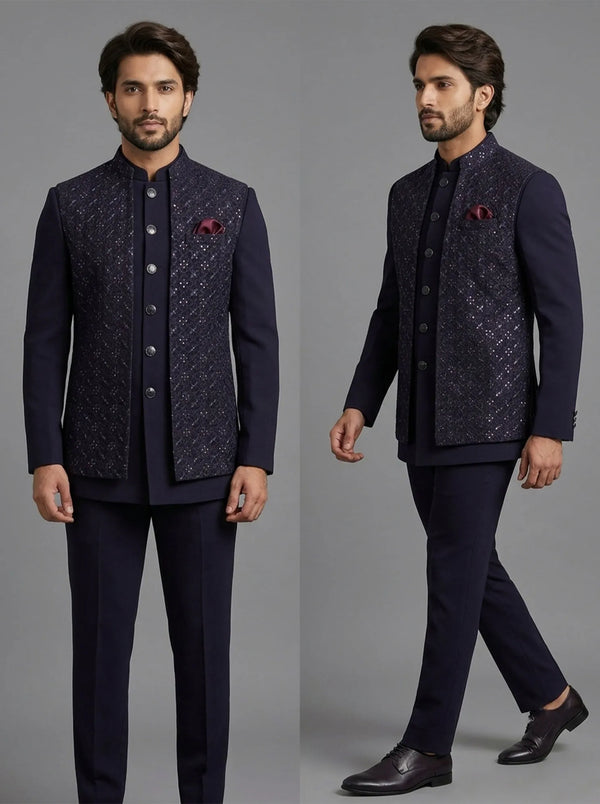 Navy Blue Embroidered Jacket Jodhpuri Suit for Groom