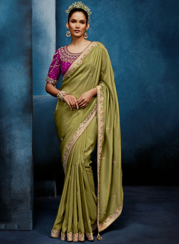Olive Green Fancy Fabric Designer Saree showcasing an elegant handwork border for luxury wedding wear | BharatPlaza