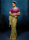 Olive Green Fancy Fabric Designer Saree highlighting exquisite Khatli work on readymade blouse for weddings | BharatPlaza