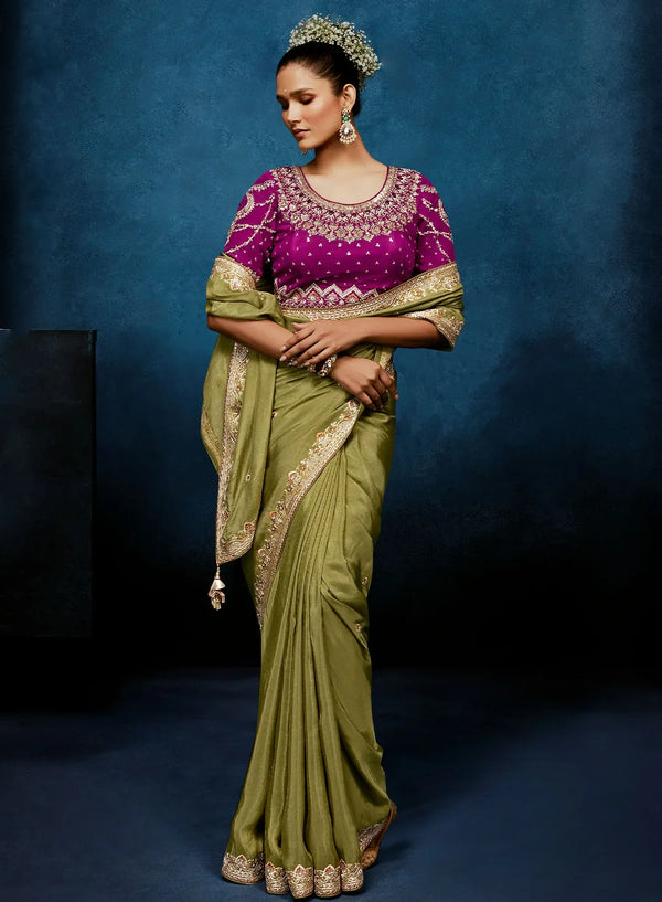 Olive Green Fancy Fabric Designer Saree highlighting exquisite Khatli work on readymade blouse for weddings | BharatPlaza