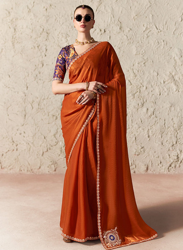 Rust Orange Tissue Organza Saree for Wedding Guests in Auckland