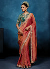 Peach Fancy Fabric Designer Saree showcasing an elegant peacock motif blouse for luxury wedding wear | BharatPlaza