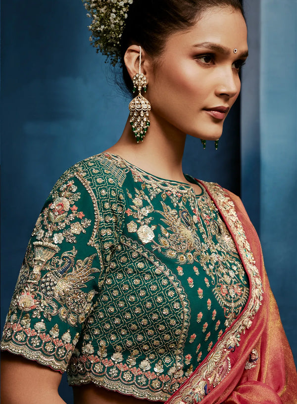 Peach Fancy Fabric Designer Saree highlighting exquisite full drape for luxury reception and wedding wear | BharatPlaza