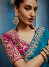 Sky Blue Fancy Fabric Designer Saree featuring a heavy magenta stitched blouse for festive wear | BharatPlaza