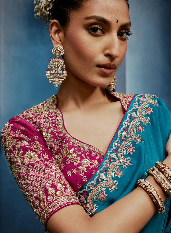 Sky Blue Fancy Fabric Designer Saree featuring a heavy magenta stitched blouse for festive wear | BharatPlaza