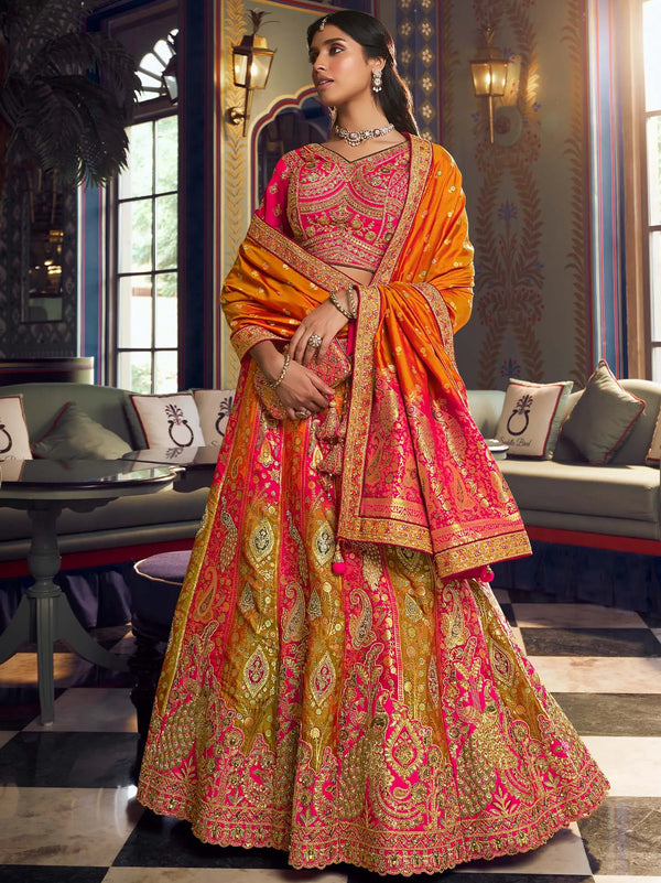 Full view of pink and mustard Banarasi silk lehenga for brides and destination weddings in Dubai