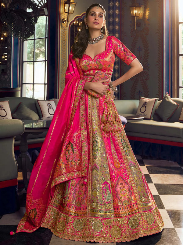 Pink Sapphire Banarasi Art Silk Zarkan Bridal Lehenga Choli