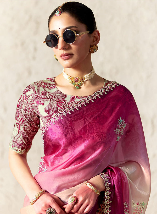 Elegant Pink Tissue Organza Festive Saree With Printed Blouse in Dubai