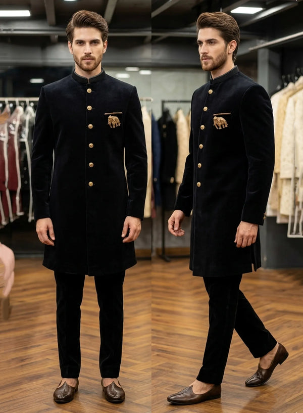 Premium Bespoke Black Velvet Indo Western Suit for Brothers and Groomsmen in Chicago | BharatPlaza