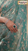 Seafoam Green Velvet Satin Zari Work Partywear Saree