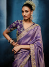 Purple Fancy Fabric Designer Saree featuring a contrasting heavy violet stitched blouse for festive wear | BharatPlaza