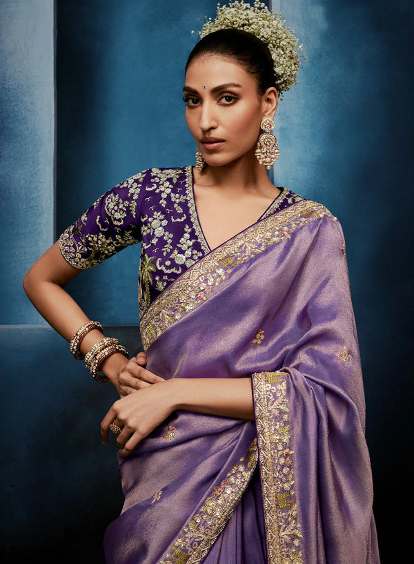 Purple Fancy Fabric Designer Saree featuring a contrasting heavy violet stitched blouse for festive wear | BharatPlaza