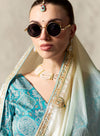 Designer Light Blue Organza Saree with Printed Blouse in Fiji
