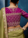 Olive Green Fancy Fabric Designer Saree displaying elegant drape and readymade blouse for luxury bridesmaid | BharatPlaza