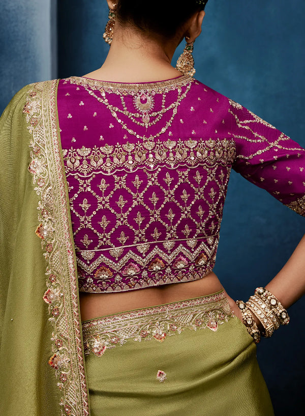 Olive Green Fancy Fabric Designer Saree displaying elegant drape and readymade blouse for luxury bridesmaid | BharatPlaza