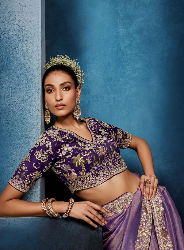 Purple Fancy Fabric Designer Saree highlighting exquisite front blouse embroidery for luxury weddings | BharatPlaza