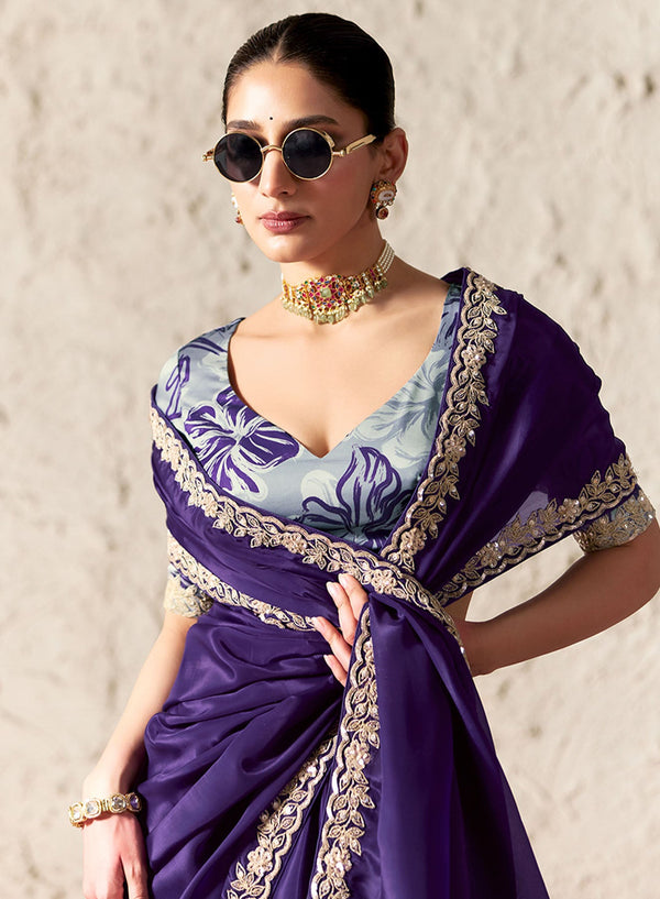 Royal Purple Organza Silk Saree with Embroidered Border in Singapore