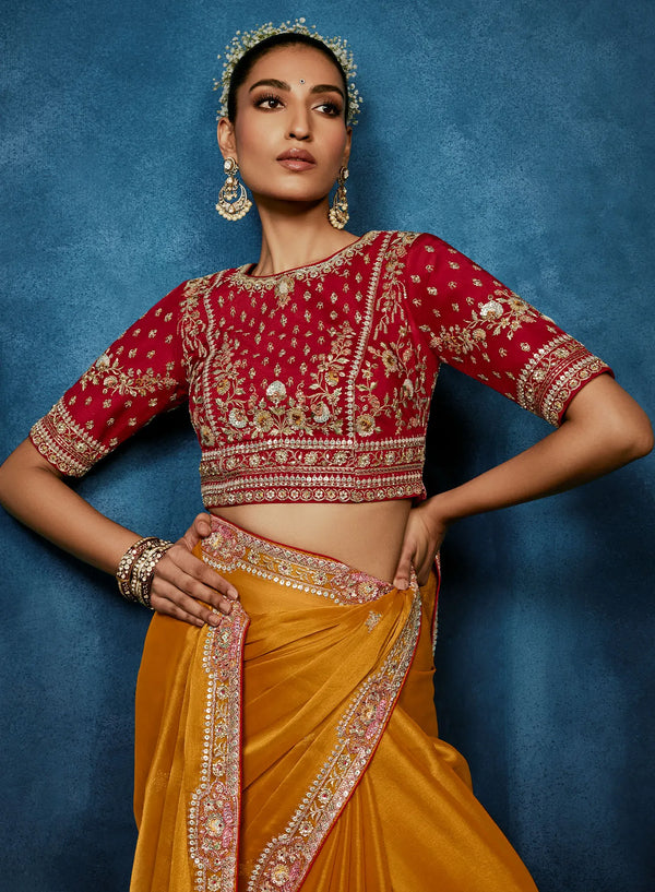 Mustard Fancy Fabric Designer Saree showcasing an elegant handwork border for luxury wedding wear | BharatPlaza