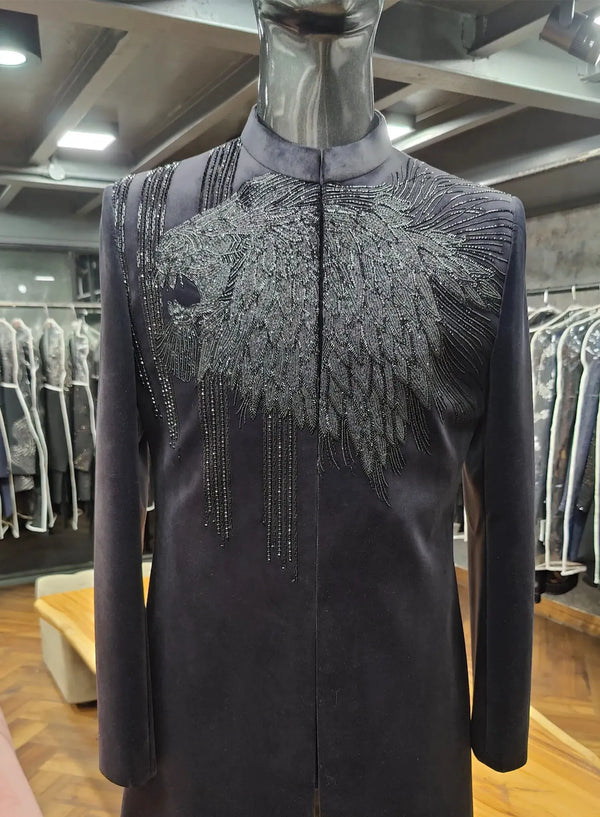 Premium Black Groom Indo Western with Lion Embroidery in Melbourne, Australia | BharatPlaza