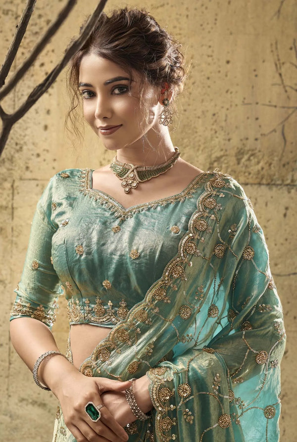 Seafoam Green Velvet Satin Zari Work Partywear Saree