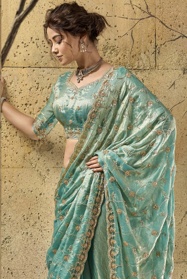 Seafoam Green Velvet Satin Zari Work Partywear Saree