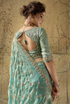 Seafoam Green Velvet Satin Zari Work Partywear Saree