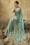 Seafoam Green Velvet Satin Zari Work Partywear Saree