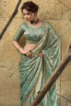 Seafoam Green Velvet Satin Zari Work Partywear Saree