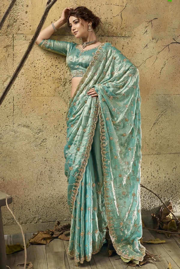 Seafoam Green Velvet Satin Zari Work Partywear Saree