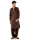 Brown Poly Cotton Pathani Kurta with Vertical Print Lines