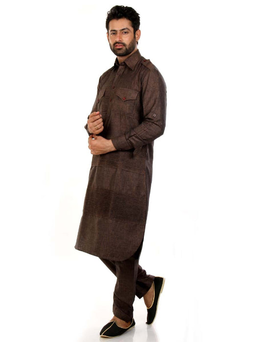 Brown Linen Casual Pathani Suit with Stitchline Detailing