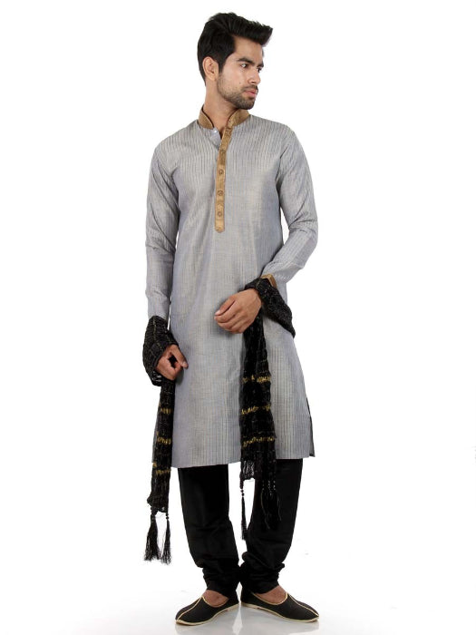 Grey & Black Cot Silk Kurta with Vertical Thread Embroidery work