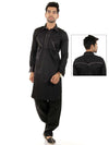 Black Poly Cotton Collar Kurta with Piping Detailing