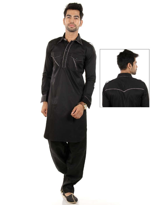 Black Poly Cotton Pathani Suit with Light Piping Detail