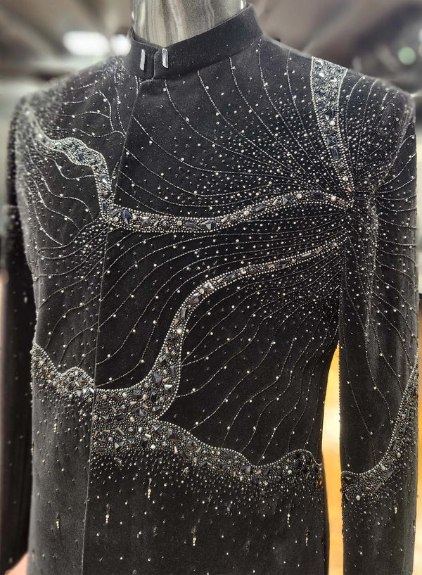 Premium Couture Black Velvet Indo Western Front Embroidery Detail in Milan | BharatPlaza SIJ7951
