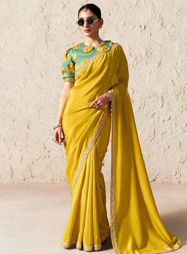Premium Yellow Party Wear Organza Saree in Toronto